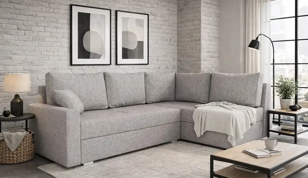Solange Der Vorrat Reicht Ecksofa mit Schlaffunktion Nofi dunkelbeige rechts Seite modernes Design schlichter und stilvoller Korpus, der sich in jede Inneneinrichtung einfügt