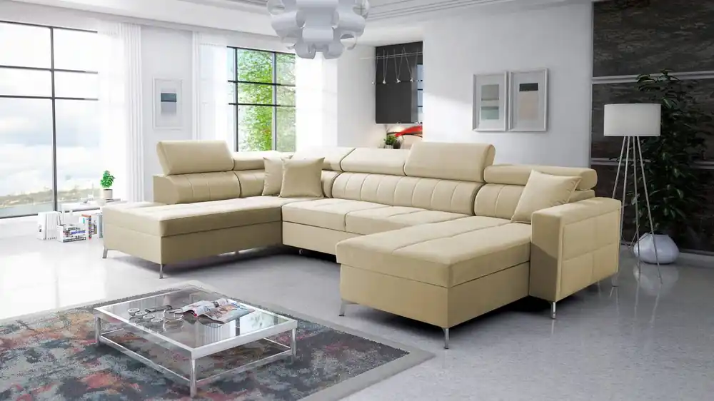 Mega-Angebot Ecksofa mit Schlaffunktion Nausa VI beige rechte Seite stilvolles Ecksofa für Wohnzimmer mit komfortabler Verarbeitung weichen Samtstoff