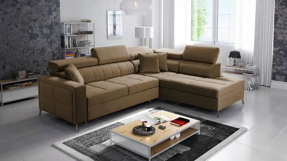 Ecksofa mit Schlaffunktion Nausa III hellbraun rechte Ecke Samt stilvolles bequemes Ecksofa verstellbare Kopfstützen Container für Bettzeug Solange Der Vorrat Reicht