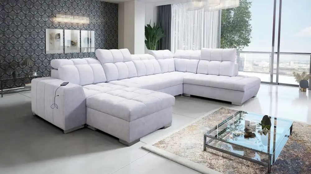Jetzt Bestellen Ecksofa mit Schlaffunktion Luigi VI grau Esche links stilvolles Ecksofa mit Bettzeugcontainern mit weichem Stoff bezogen