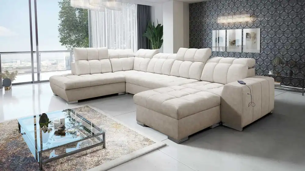 Ecksofa mit Schlaffunktion Luigi VI beige rechte Seite stilvolles Ecksofa mit Bettzeugcontainer mit weichem Stoff bezogen Schnäppchen