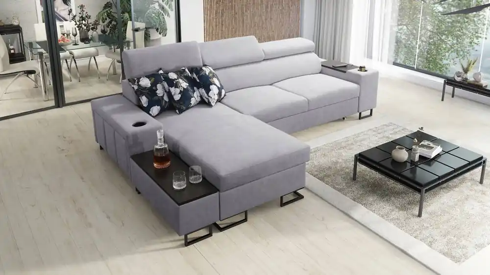 Jetzt Kaufen Ecksofa mit Schlaffunktion Flavio grau Esche links bequemes elegantes Ecksofa mit einer seitlich zu öffnenden Verlängerungsstange