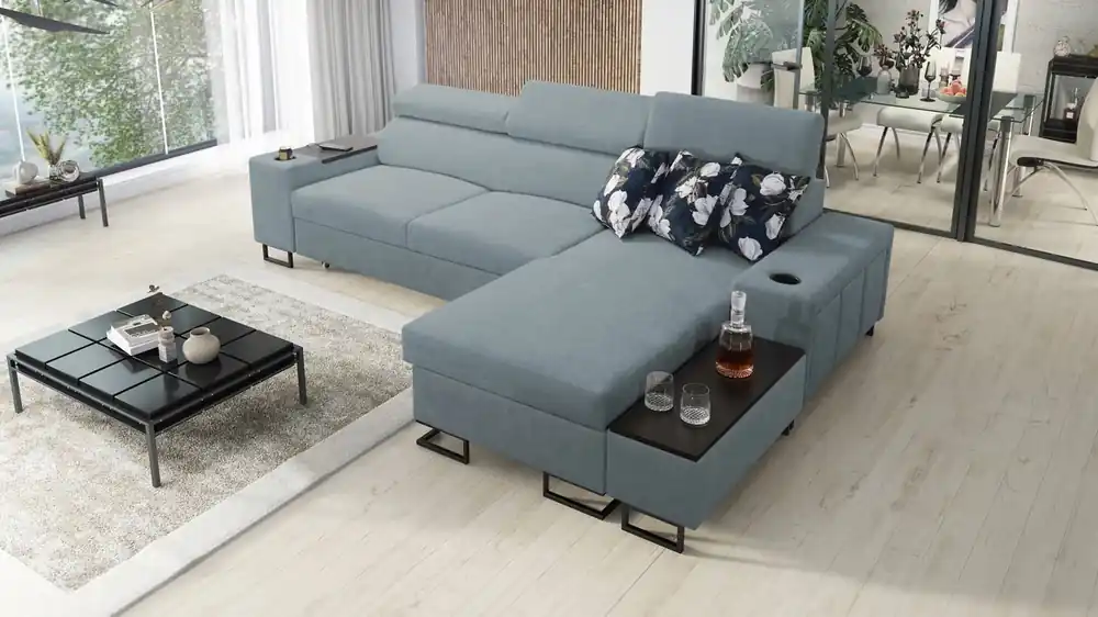 Ecksofa mit Schlaffunktion Flavio arctic blue rechts bequemes elegantes Ecksofa mit einer seitlich zu öffnenden Verlängerungsstange des Möbels Neu