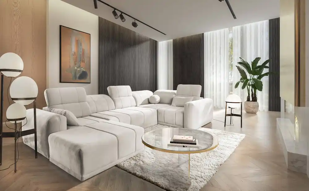 Ecksofa mit Schlaffunktion Cetara IV creme linke Seite stilvolles Eckdesign mit verschiebbaren Rückenlehnen zwei Bettkästen Expressversand