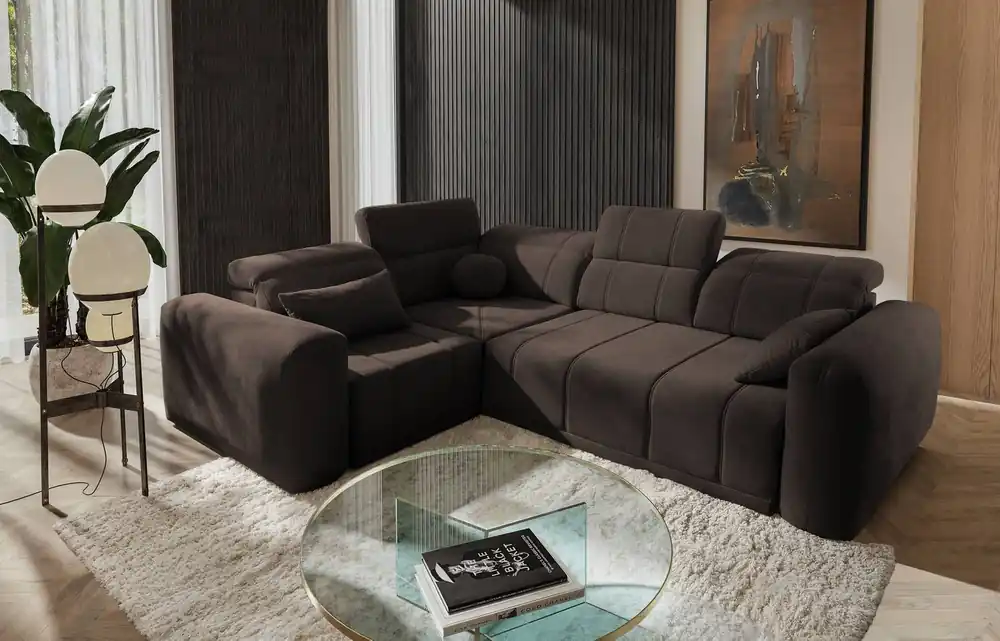 Aktuell Ecksofa mit Schlaffunktion Cetara II braun linke Seite stilvolles Design verschiebbare Rückenlehnen verstellbare Kopfstützen und Bettzeugbehälter