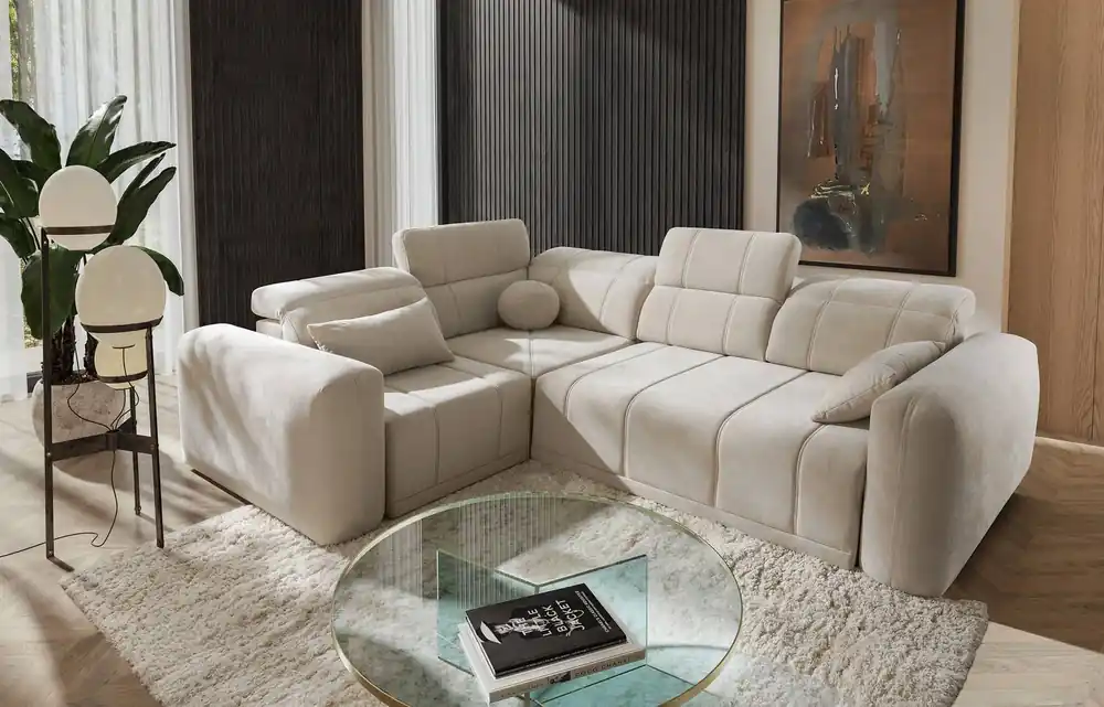 Ecksofa mit Schlaffunktion Cetara II beige linke Seite stilvolles Design verschiebbare Rückenlehnen verstellbare Kopfstützen und Bettzeugbehälter Top-Angebot