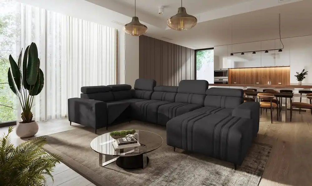 Ecksofa mit Schlaffunktion Castel IV graphit rechte Seite stilvolles Ecksofa mit Bettkasten und verstellbaren Kopfstützen Preisknaller