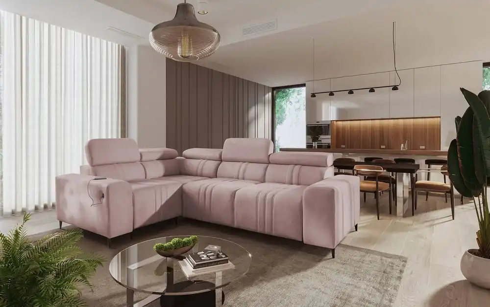 Direkt Vom Hersteller Ecksofa mit Schlaffunktion Castel II rosa links bequemes Ecksofa mit verstellbaren Kopfstützen Bettzeugcontainer