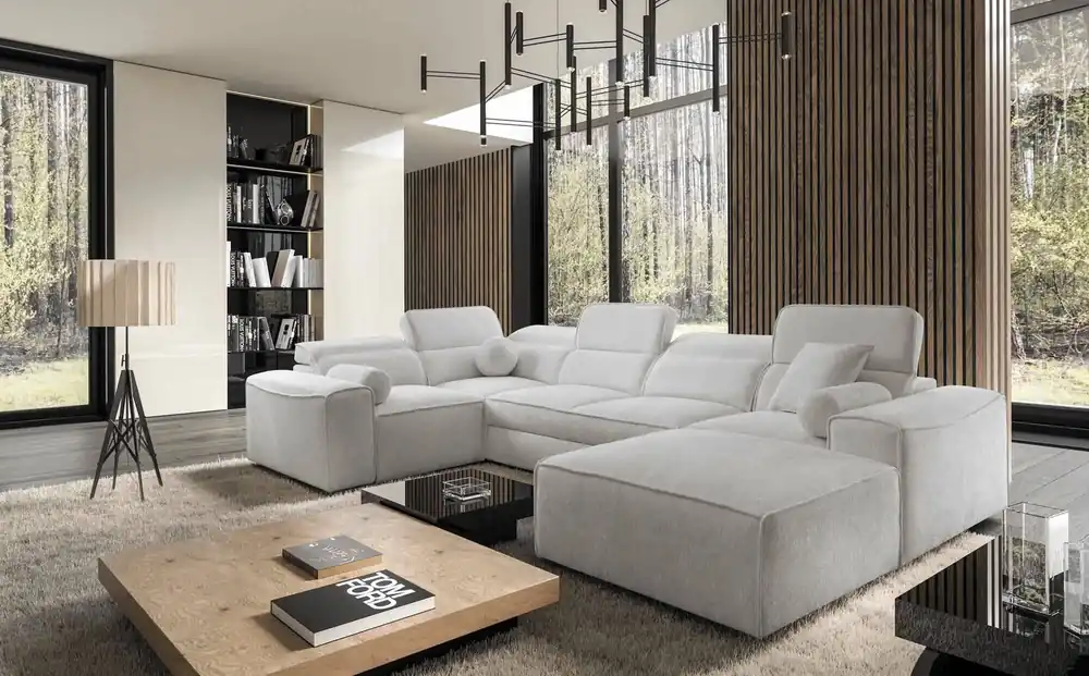 Echt Ecksofa mit Schlaffunktion Viano IV graue Esche rechts Designer-Ecksofa das sich perfekt in moderne Einrichtungen einfügt