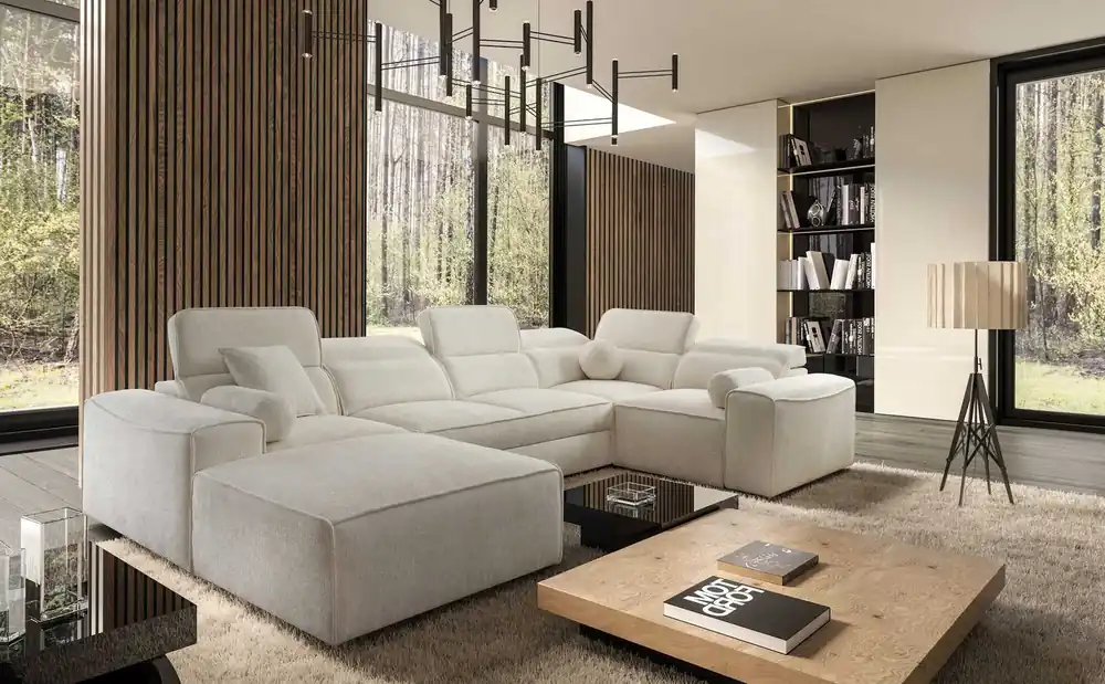 Günstig Ecksofa mit Schlaffunktion Viano IV creme links Designer Ecksofa das sich perfekt in moderne Einrichtungen einfügt