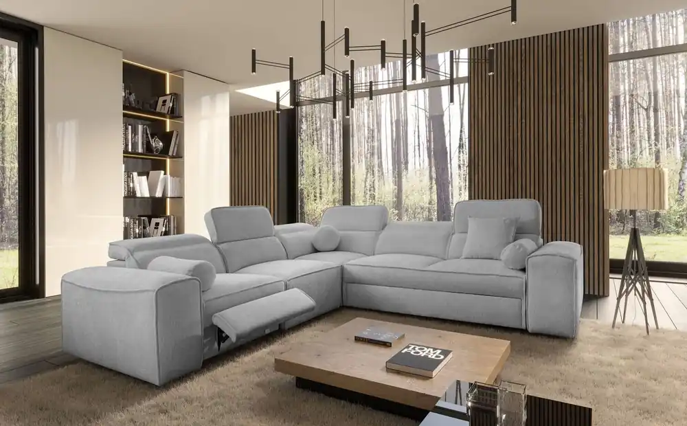 Schneller Versand Ecksofa mit Schlaffunktion Viano III Lux hellgrau links modernes Ecksofa mit ausziehbarem Fußteil Bettzeugcontainer