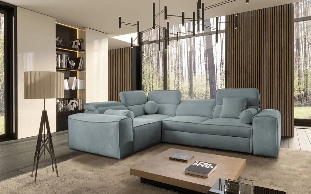 Aktuell Ecksofa mit Schlaffunktion Viano II grau blau links Design Ecksofa das sich in moderne Wohnlandschaften einfügt