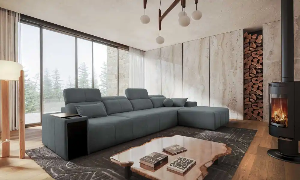 Ecksofa mit Schlaffunktion Tesalia XII grau rechte Seite modernes Design komfortable Schiebelehne Schublade in der Seite des Möbels Markenware