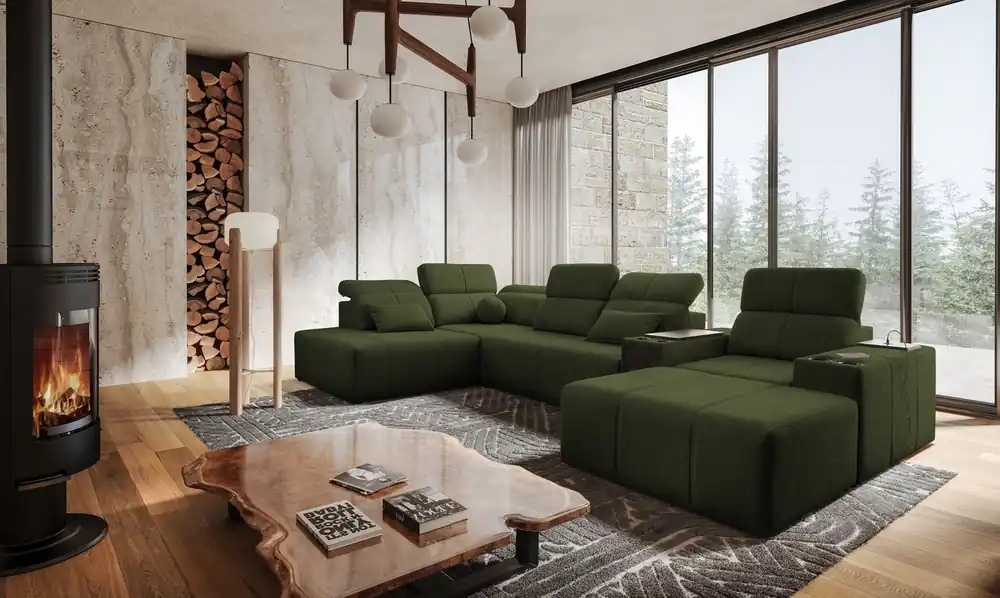 Sonderangebot Ecksofa mit Schlaffunktion Tesalia V grün rechts Komfort-Ecksofa mit Schublade und Schiebefunktion der Rückenlehne