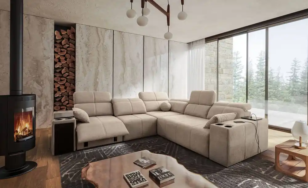 Ecksofa mit Schlaffunktion Tesalia III Lux beige links komfortables Ecksofa mit ausziehbarem Fußteil Schiebefunktion der Rückenlehne Sonderaktion