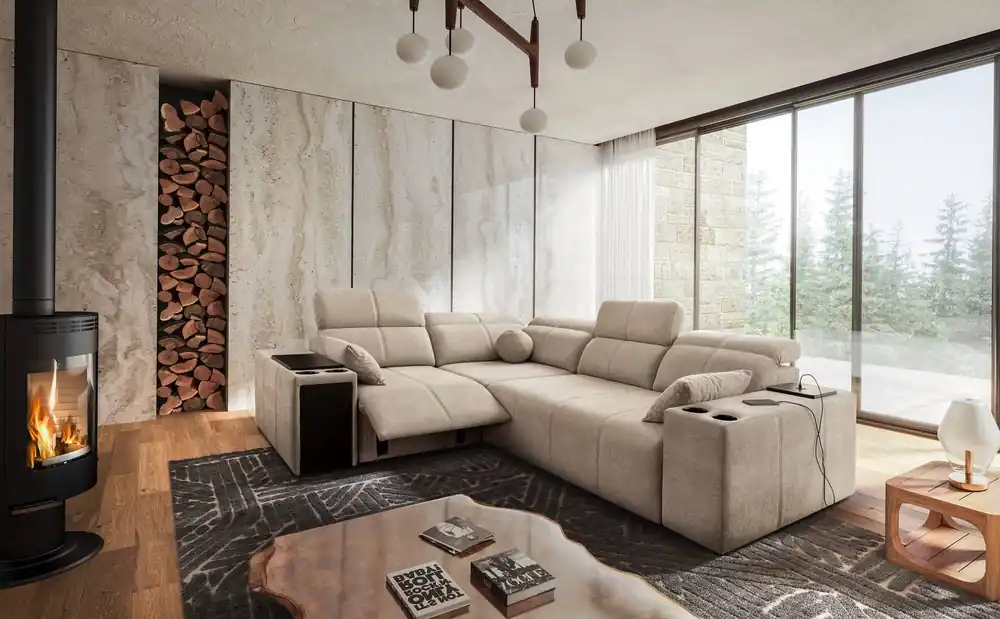 Neu Im Sortiment Ecksofa mit Schlaffunktion Tesalia II Lux beige links komfortables Ecksofa mit verschiebbarer Rückenlehne und ausziehbarem Fußteil