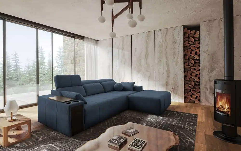 Top-Angebot Ecksofa mit Schlaffunktion Tesalia blau rechte Ecke modernes Design komfortable Schiebelehne Schublade in der Seite des Möbels