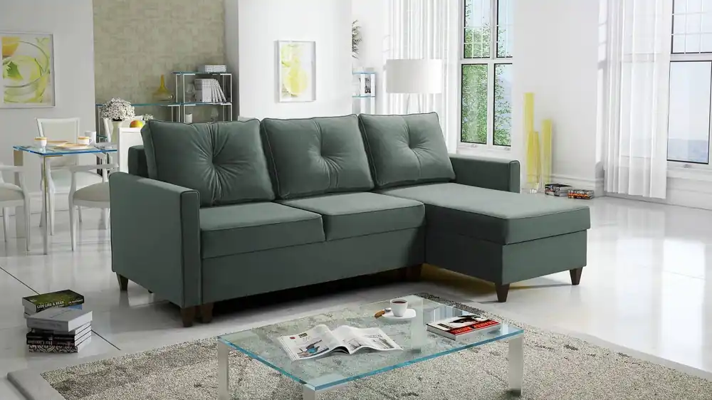 Bestseller Ecksofa mit Schlaffunktion Terni Stahl grün rechts Praktisches und funktionelles Ecksofa mit geräumigen Behältern für Bettzeug