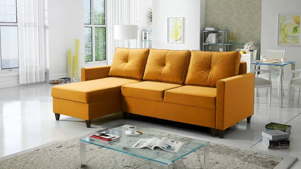 Markenprodukt Ecksofa mit Schlaffunktion Terni gelb links Praktisches und funktionelles Ecksofa mit geräumigen Behältern für Bettzeug