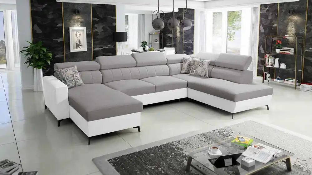 Online Kaufen Ecksofa mit Schlaffunktion Savona VI hellgrau/weiß links bequemes Ecksofa für Wohnzimmer mit zwei Bettkästen