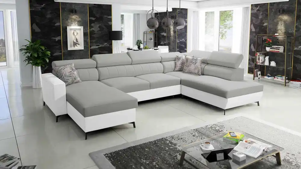 Echt Ecksofa mit Schlaffunktion Savona VI grau Esche / weiß links bequemes Ecksofa für Wohnzimmer zwei Container für Bettzeug