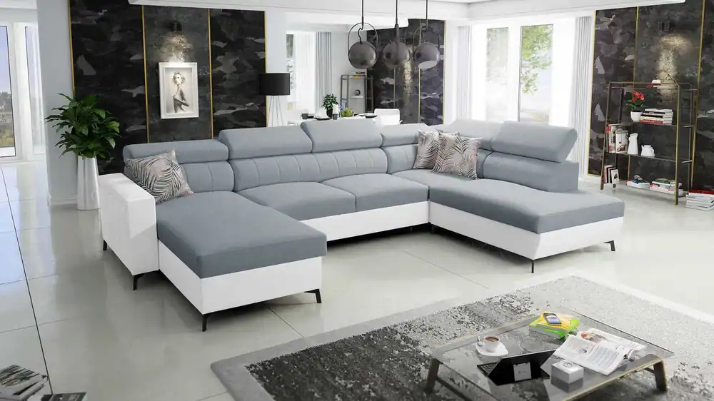 Geprüft Ecksofa mit Schlaffunktion Savona VI arktikblau/weiß links komfortables Ecksofa für Wohnzimmer mit zwei Bettkästen
