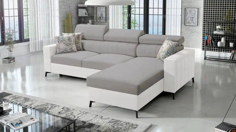 Ecksofa mit Schlaffunktion Savona grau Esche / weiß rechts elegantes Ecksofa mit verstellbaren Kopfstützen Ziernähte Online Kaufen