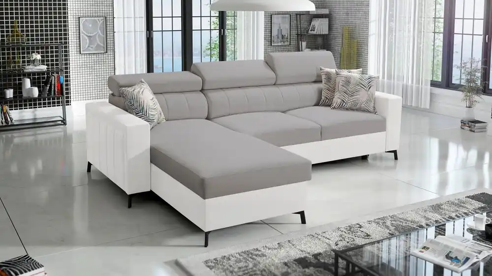 Ecksofa mit Schlaffunktion Savona grau Esche / weiß links elegantes Ecksofa mit verstellbaren Kopfstützen Ziernähte Preisknaller