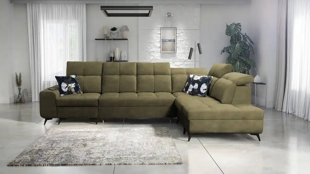 Meistverkauft Ecksofa mit Schlaffunktion Buffalo XI Olive rechte Seite stilvolles Ecksofa mit drei Bettkästen Veloursstoff
