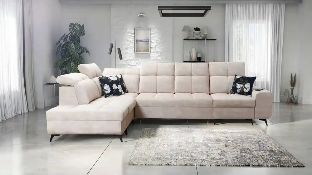 Ecksofa mit Schlaffunktion Buffalo XI beige linke Seite stilvolles Ecksofa mit drei Bettkästen Velourstoff Markenware