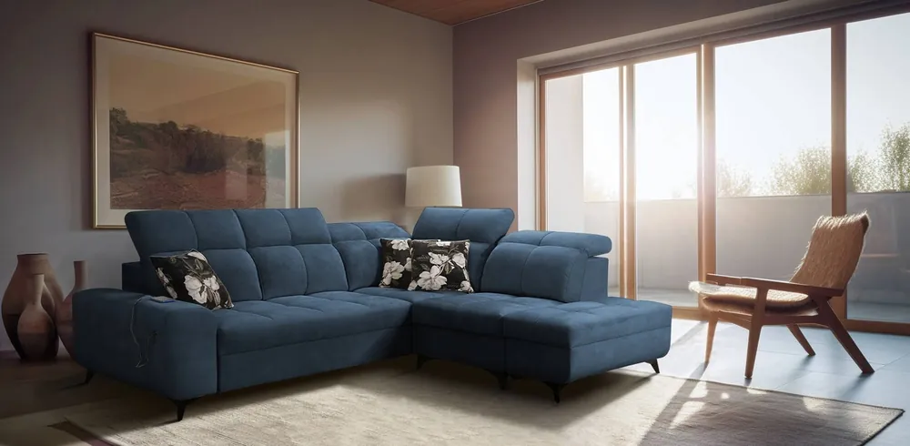 Aktuell Ecksofa mit Schlaffunktion Buffalo VII blau rechtsseitig stilvolles Ecksofa mit Bettzeugcontainer Velourstoff