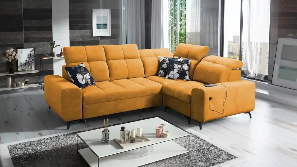 Ecksofa mit Schlaffunktion Buffalo II gelb rechts funktionelles und stilvolles Ecksofa mit verstellbaren Kopfstützen Aktuell