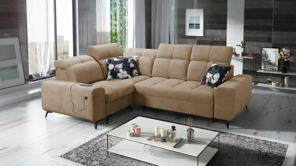 Solange Der Vorrat Reicht Ecksofa mit Schlaffunktion Buffalo II dunkelbeige links funktionelles und stilvolles Ecksofa mit verstellbaren Kopfstützen