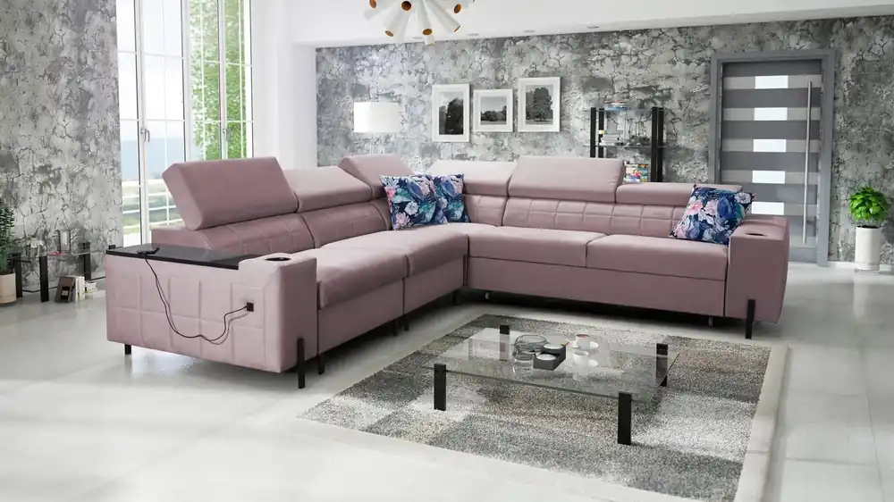 Billig Ecksofa mit Schlaffunktion Belvi IV heather left elegantes und stilvolles Ecksofa für das Wohnzimmer praktischer Stauraum an der Seite