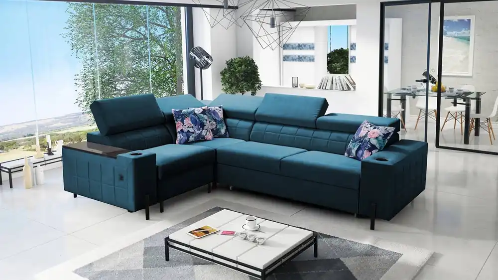 Ecksofa mit Schlaffunktion Belvi II türkis links elegantes und ergonomisches Ecksofa für das Wohnzimmer praktischer Stauraum an der Seite Abverkauf