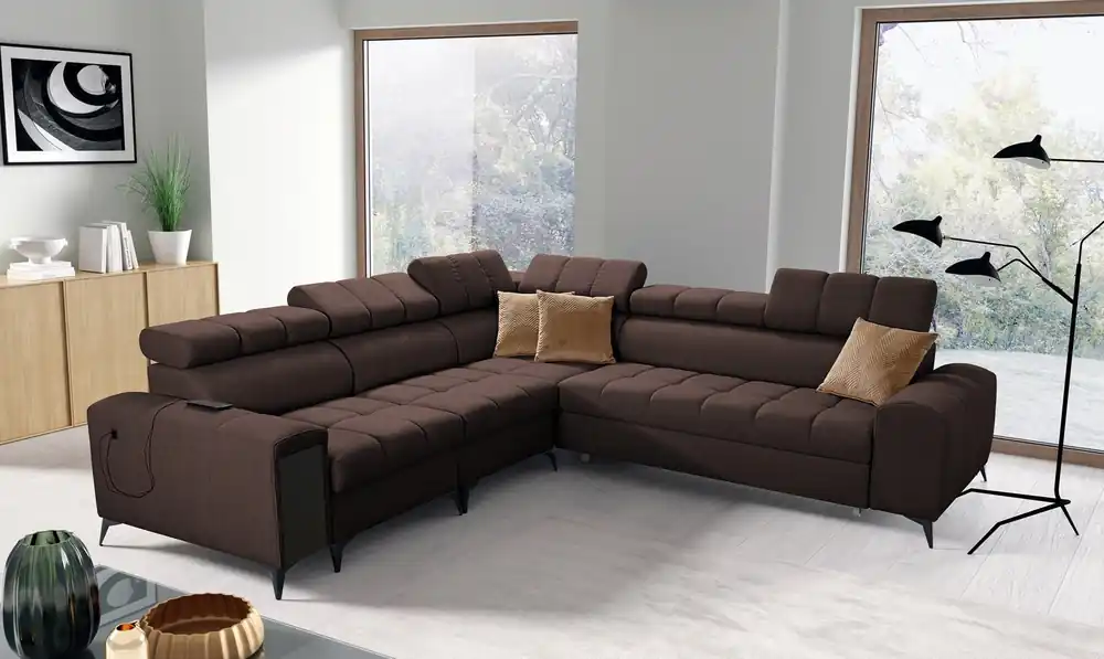 Ecksofa mit Schlaffunktion Bolmso III braun linkes Ecksofa mit Bettzeugcontainer Vollauszug in der Seite des Möbels Billig