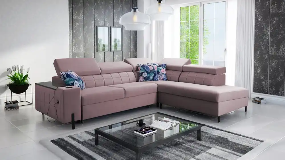 Aktuell Ecksofa mit Schlaffunktion Belvi III heather right bequemes und elegantes Ecksofa für das Wohnzimmer mit praktischem Stauraum an der Seite