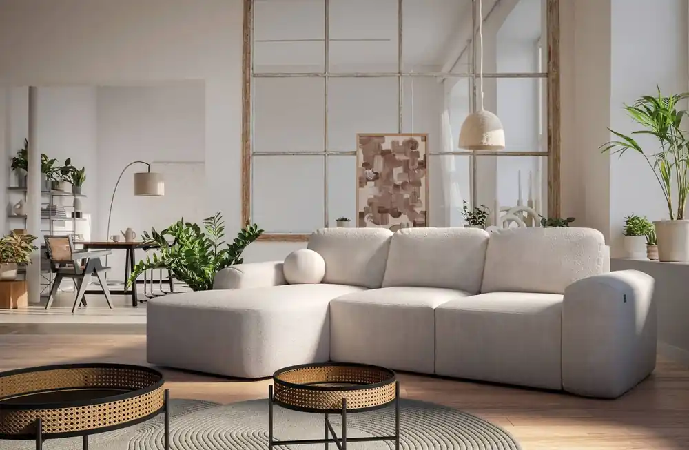 Must-Have Ecksofa mit Schlaffunktion Arbon beige linke Ecke modernes Design mit markanter Form weicher Stoff