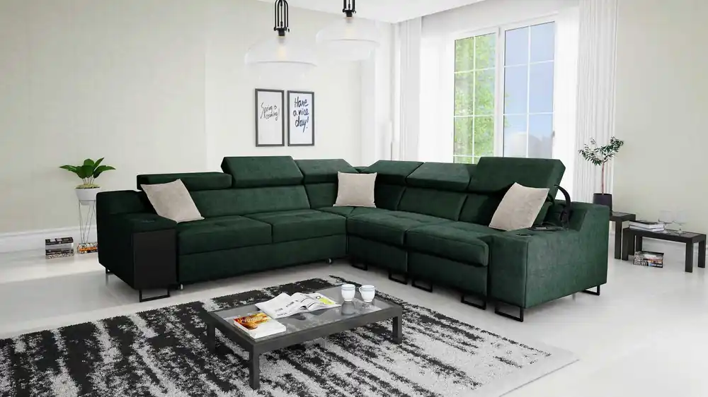 Rabatt Ecksofa mit Schlaffunktion Alcamo III grün rechts funktionelles und stilvolles Ecksofa mit Schublade in der Seite zwei Behälter für Bettzeug