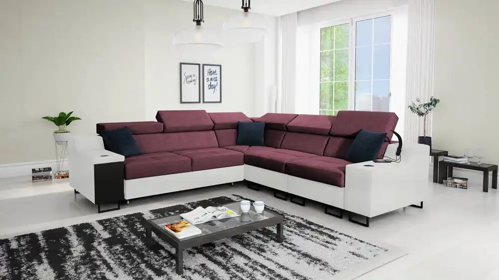 Günstig Ecksofa mit Schlaffunktion Alcamo III burgunderrot/weiß rechts funktionelles Ecksofa mit Schublade in der Seite zwei Behälter für Bettzeug