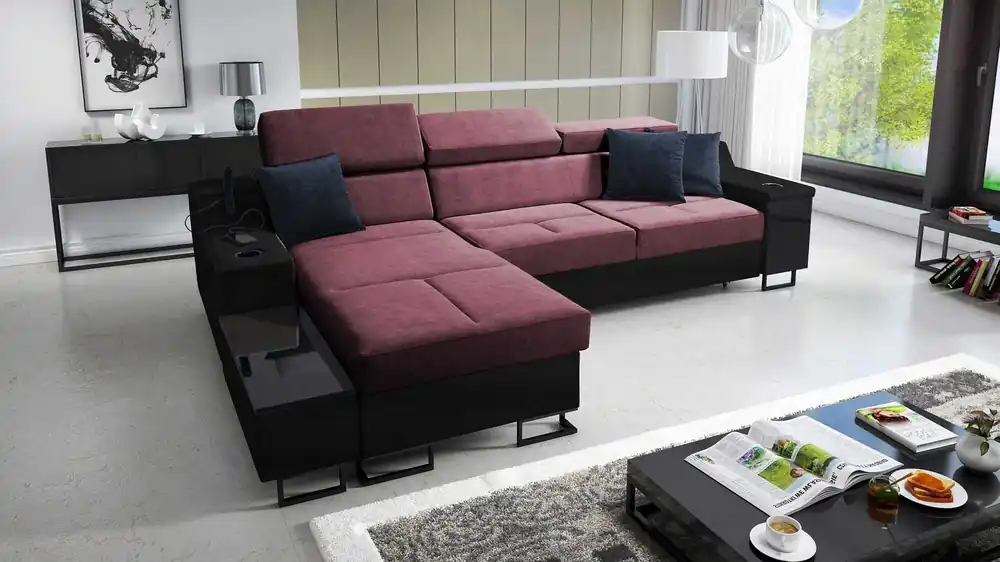 Ecksofa mit Schlaffunktion Alcamo burgund/schwarz links stilvolles Ecksofa mit einer ausziehbaren praktischen Schublade an der Seite des Möbels Schnäppchen