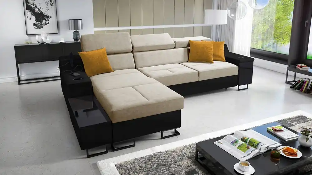 Neuheit Ecksofa mit Schlaffunktion Alcamo beige/schwarz links elegantes und stilvolles Ecksofa mit einer ausziehbaren praktischen Schublade an der Seite des Möbels