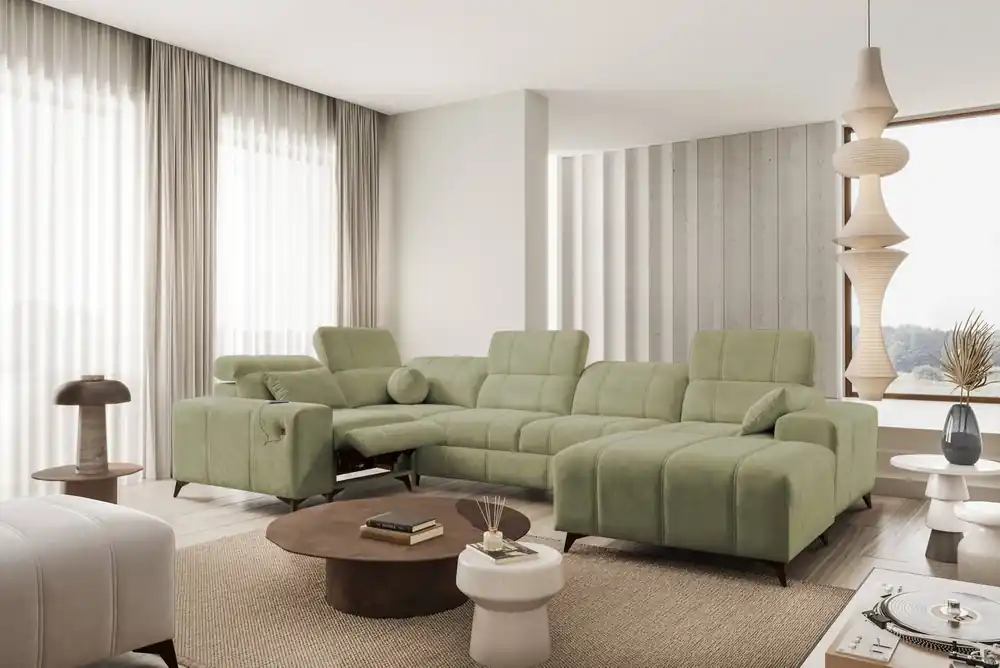Neu Penejos IV Lux olive olive rechtes Ecksofa mit Schlaffunktion stilvolles Schlafsofa mit komfortablem ausziehbarem Fußteil