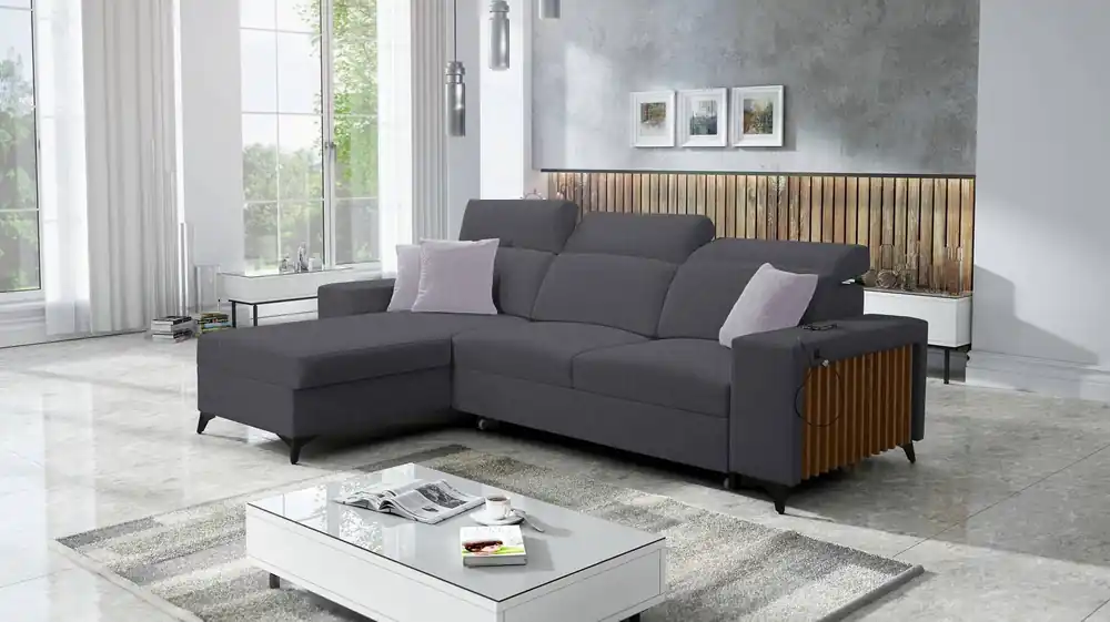 Sale Kelly Ecksofa mit Schlaffunktion graphit links geflochten Komfort und Funktionalität Eckseite mit Latten abgeschlossen