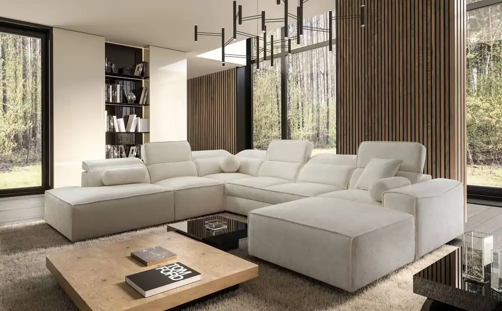 Neuheit Ecksofa mit Schlaffunktion Viano X creme rechts Design Ecksofa für Wohnzimmer im modernen Stil verstellbare Kopfstützen