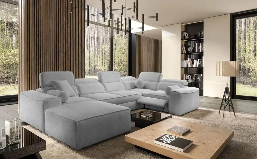 Highlight Ecksofa mit Schlaffunktion Viano IV Lux hellgrau links Design-Ecksofa mit ausziehbarem Fußteil großes Bettzeugfach