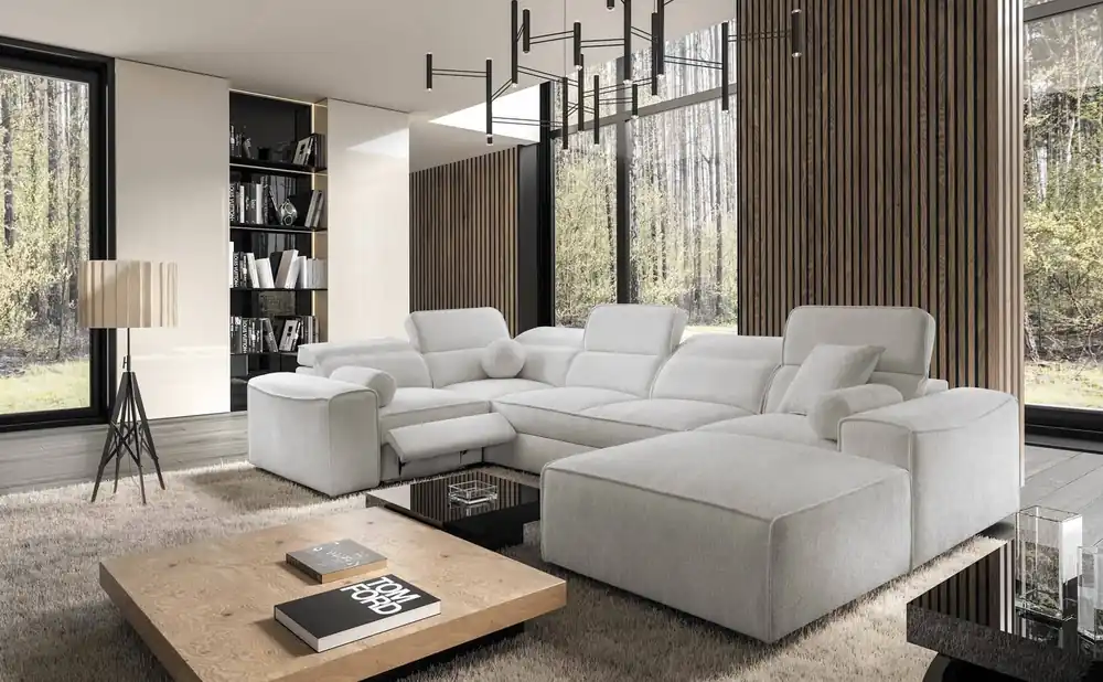 Ecksofa mit Schlaffunktion Viano IV Lux grau Esche rechts Ecksofa mit ausziehbarem Fußteil großer Stauraum für Bettzeug Preisreduziert