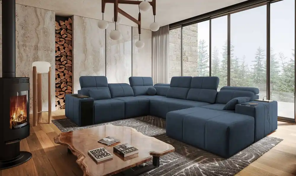 Top-Preis Ecksofa mit Schlaffunktion Tesalia VIII blau rechtsseitiges Komfort-Ecksofa für das Wohnzimmer mit innovativer Schiebefunktion der Rückenlehne