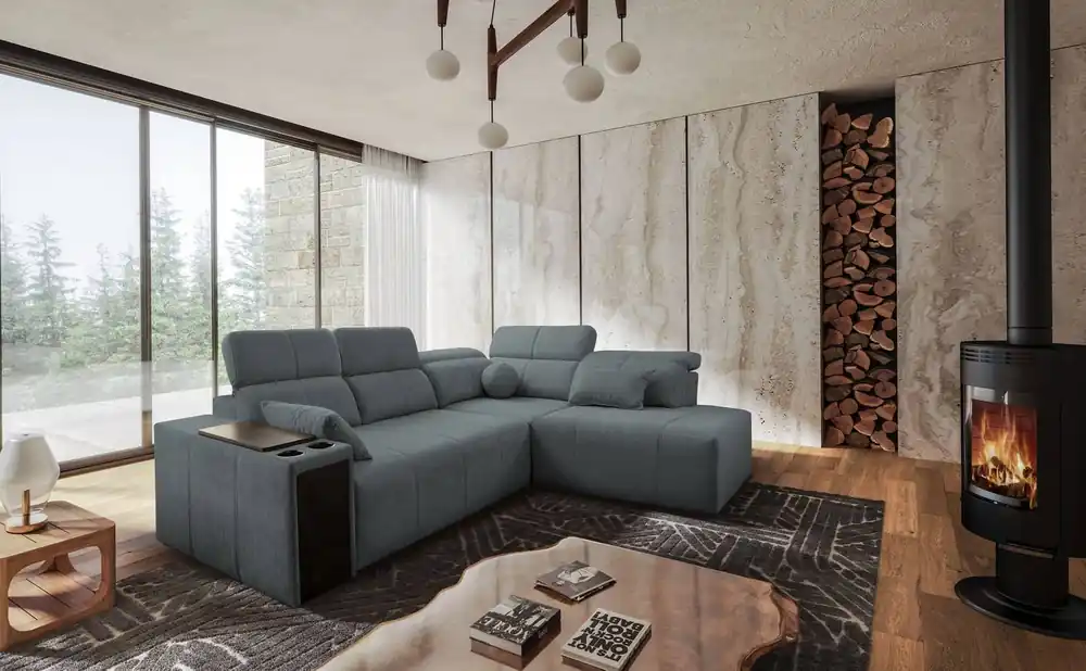 Ecksofa mit Schlaffunktion Tesalia VII grau rechte Ecke modernes Design komfortable Schiebelehne Schublade in der Seite des Möbels Expressversand