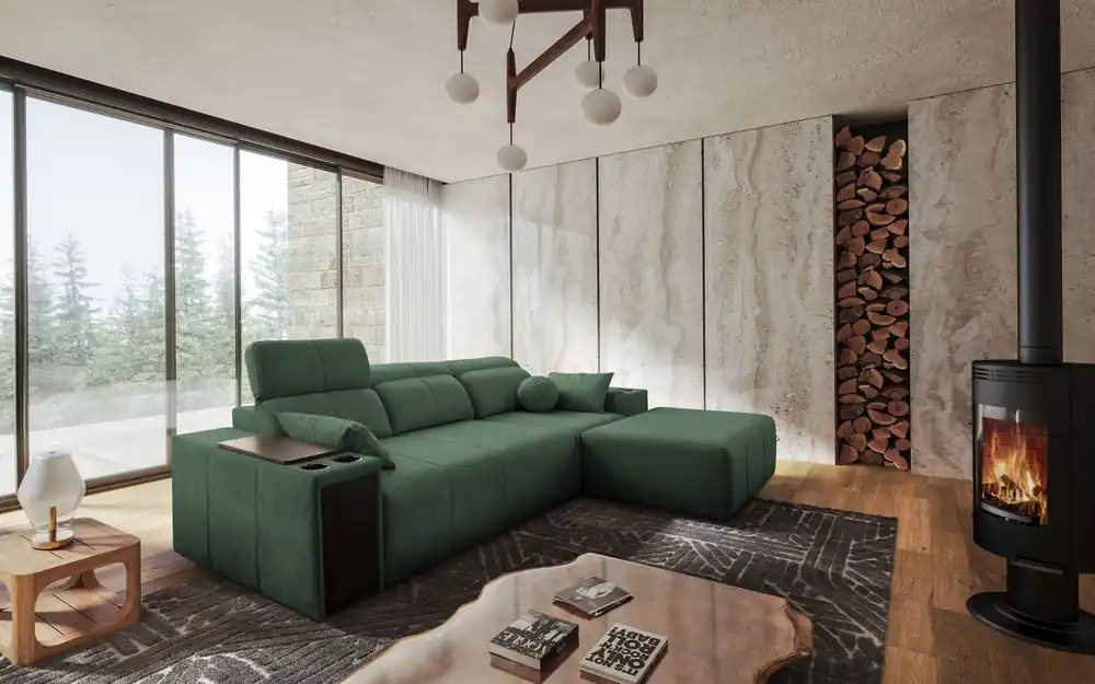 Ecksofa mit Schlaffunktion Tesalia mint rechte Ecke modernes Design komfortable Schiebelehne Schublade in der Seite des Möbels Markenware
